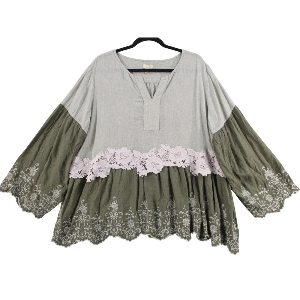 LOGO Lavish Lori Goldstein Embroidered Lace Trim Tunic Top Gray Olive XL
